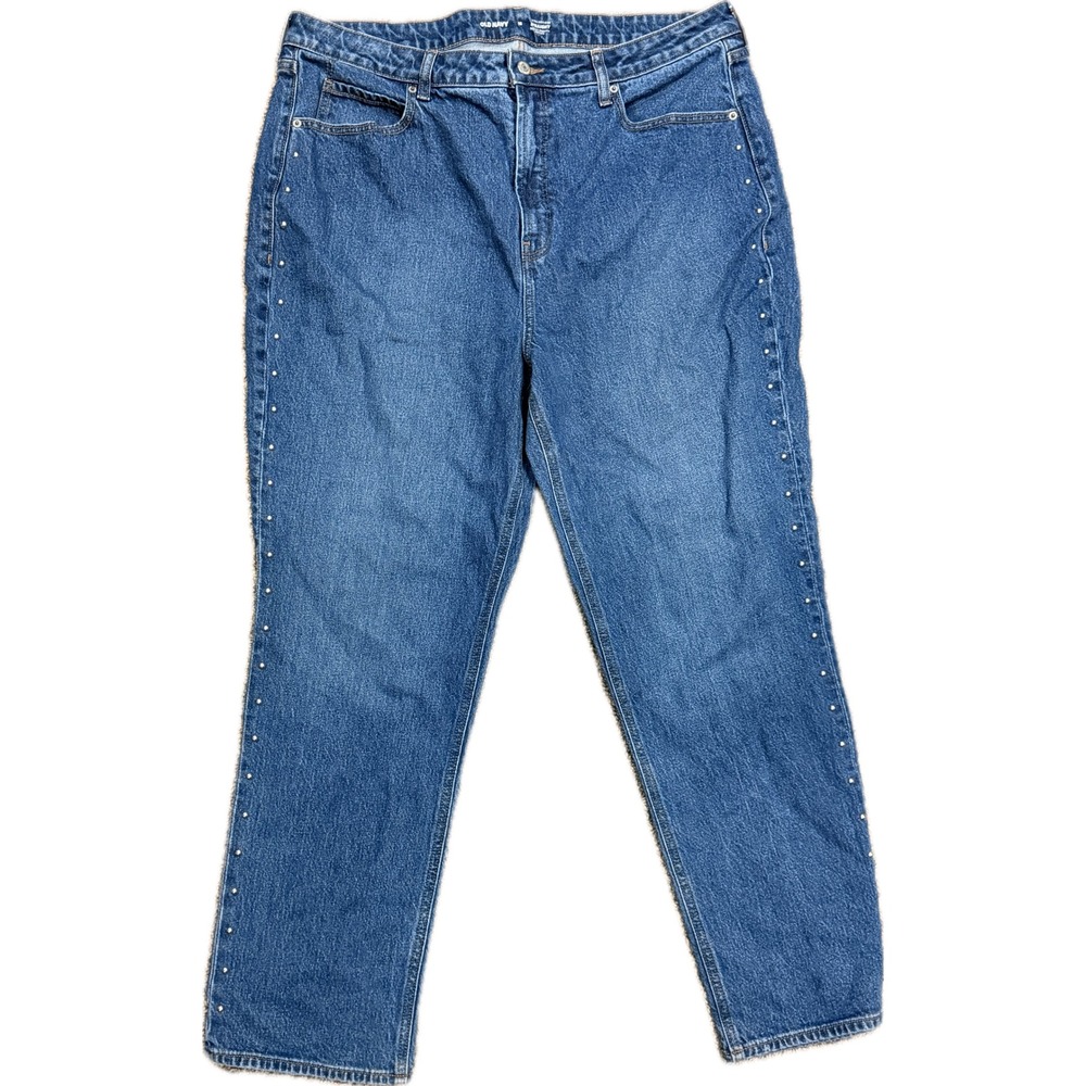 Old Navy Extra High-Rise Straight Studded Side Seam Jeans Medium Wash Blue 18